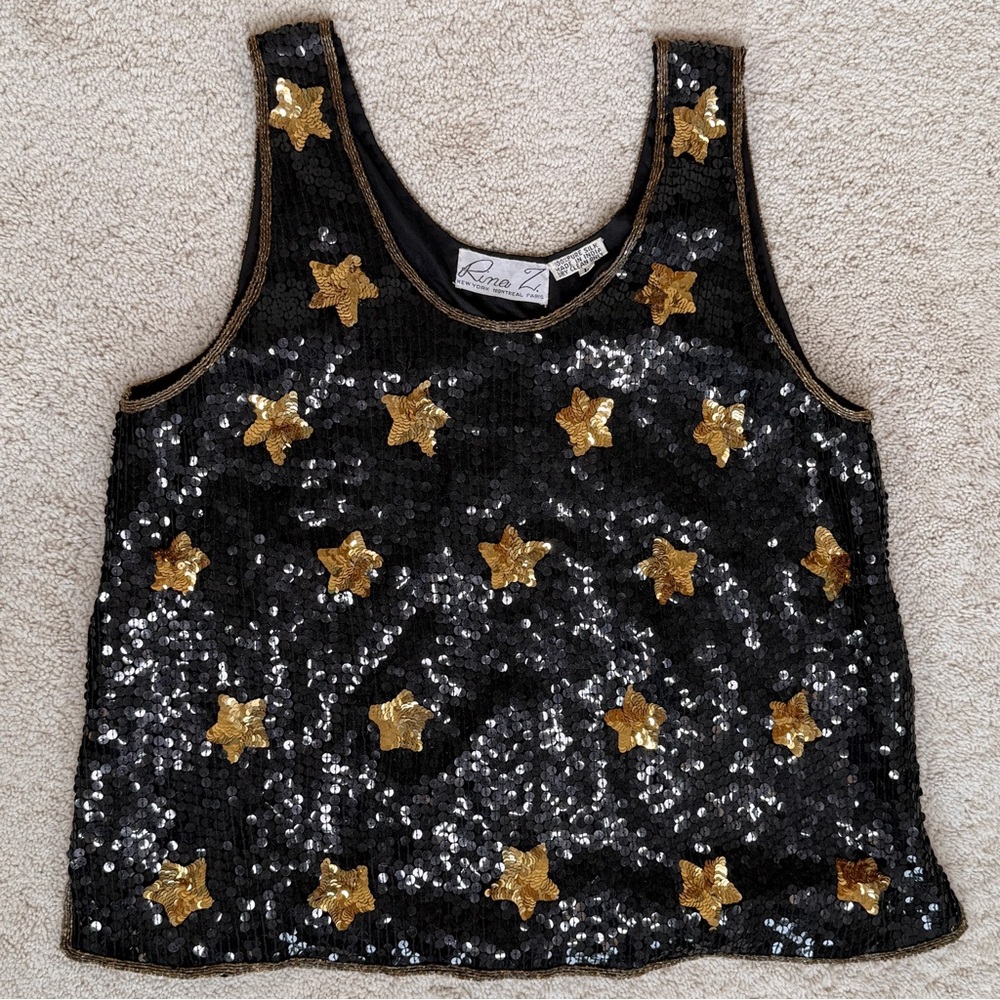 Vintage Rina Z. New York Montreal Paris 100% Silk Sequin Beaded Stars Tank Top - Picture 6 of 17